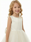 A-Line Round Neck Satin Tulle Flower Girl Dress Pearl Trim Open Back Bow Accent Cute Flower Tulle Dress