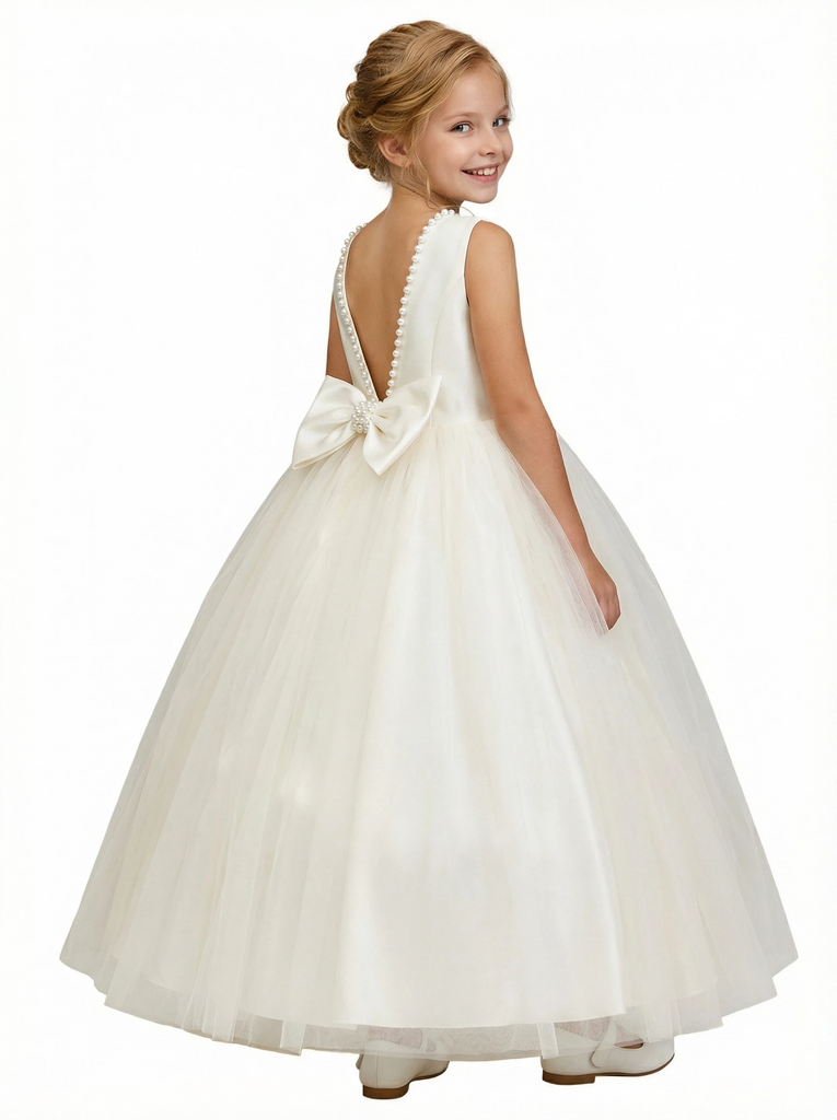 A-Line Round Neck Satin Tulle Flower Girl Dress Pearl Trim Open Back Bow Accent Cute Flower Tulle Dress