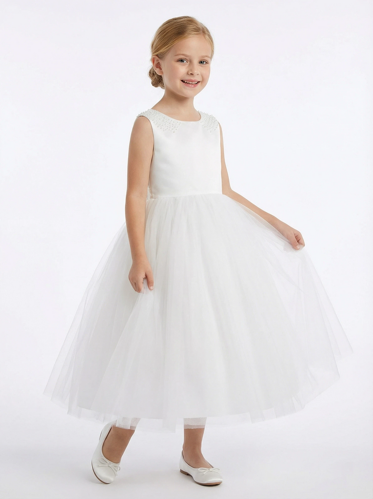 A-Line Round Neck Satin Tulle Flower Girl Dress Pearl Trim Bow Accent Cute Elegant Flower Tulle Dress for Kids