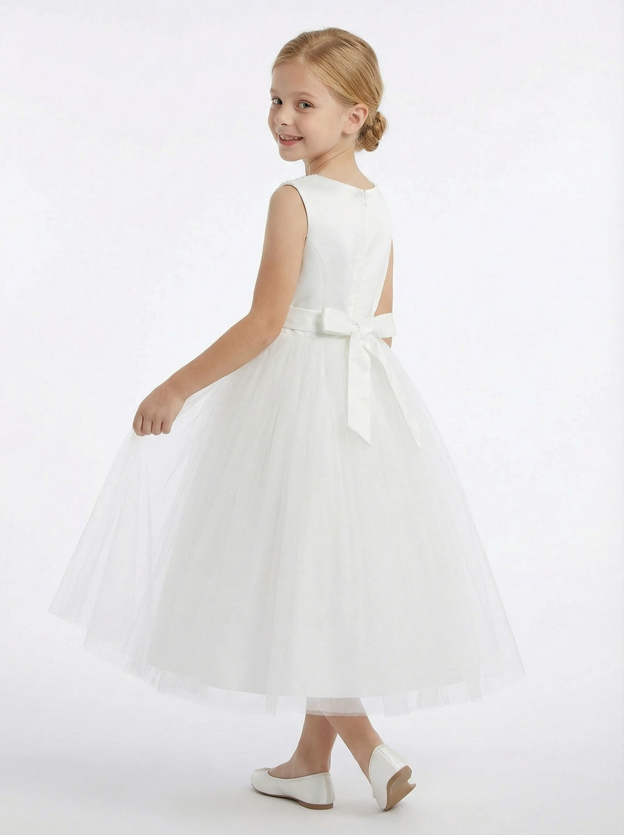 A-Line Round Neck Satin Tulle Flower Girl Dress Pearl Trim Bow Accent Cute Elegant Flower Tulle Dress for Kids