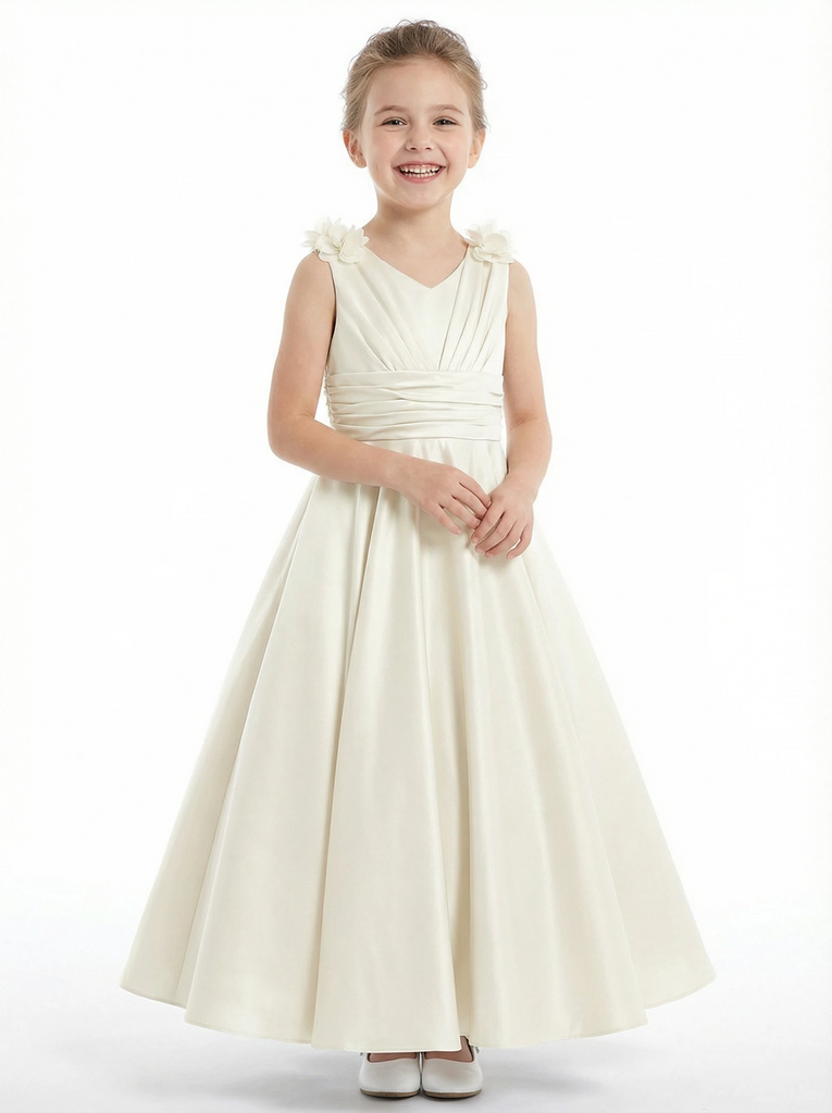 A-Line V-Neck Satin Flower Girl Dress Flower Accent Open Back Ruched Elegant Cute Flowery Dress for Kids