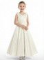 A-Line V-Neck Satin Flower Girl Dress Flower Accent Open Back Ruched Elegant Cute Flowery Dress for Kids