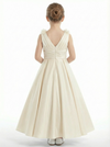 A-Line V-Neck Satin Flower Girl Dress Flower Accent Open Back Ruched Elegant Cute Flowery Dress for Kids