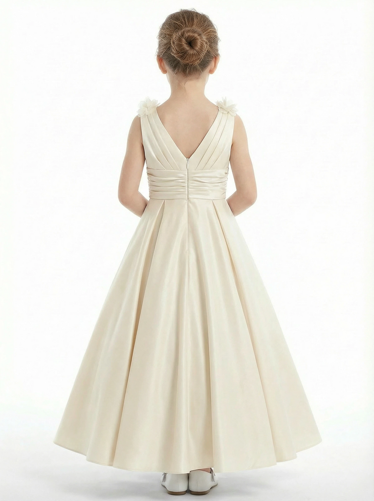 A-Line V-Neck Satin Flower Girl Dress Flower Accent Open Back Ruched Elegant Cute Flowery Dress for Kids