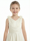 A-Line V-Neck Satin Flower Girl Dress Flower Accent Open Back Ruched Elegant Cute Flowery Dress for Kids