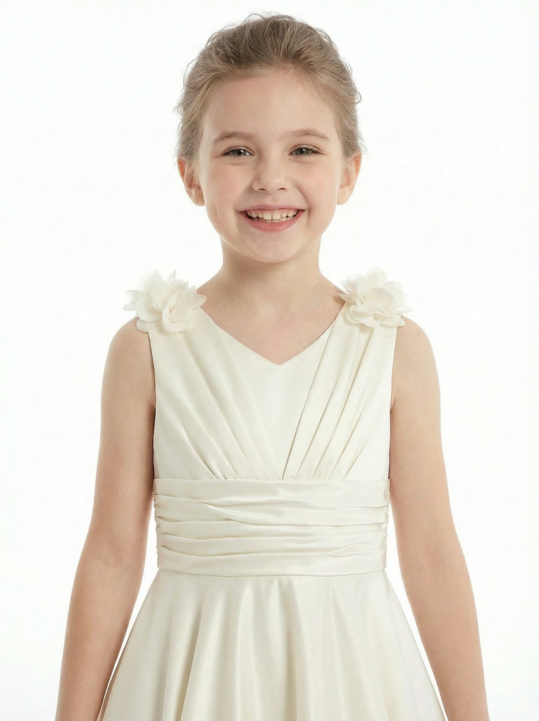 A-Line V-Neck Satin Flower Girl Dress Flower Accent Open Back Ruched Elegant Cute Flowery Dress for Kids