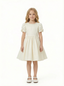 A-Line Round Neck Satin Flower Girl Dress Pearl Trim Puff Sleeve Flower Accent Cute Flowery Dress for Kids