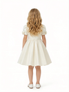 A-Line Round Neck Satin Flower Girl Dress Pearl Trim Puff Sleeve Flower Accent Cute Flowery Dress for Kids