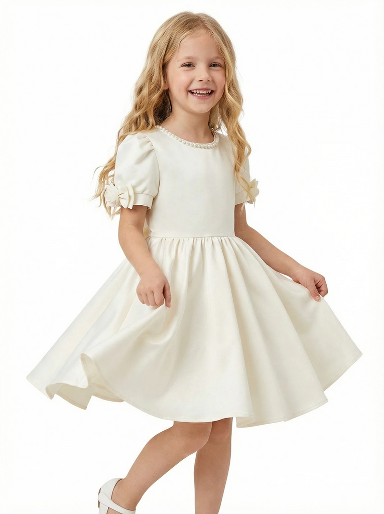 A-Line Round Neck Satin Flower Girl Dress Pearl Trim Puff Sleeve Flower Accent Cute Flowery Dress for Kids- ChicSew, Off-White