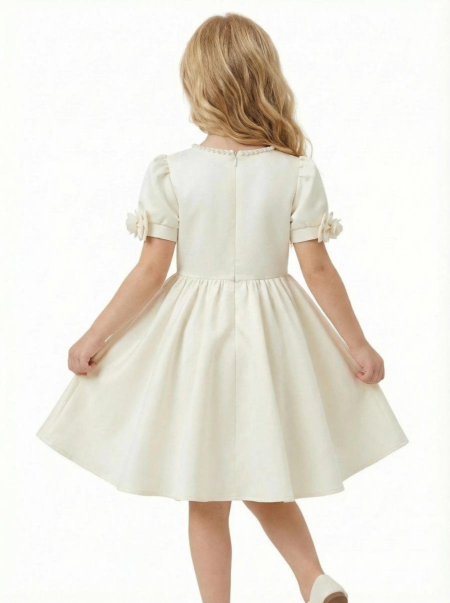 A-Line Round Neck Satin Flower Girl Dress Pearl Trim Puff Sleeve Flower Accent Cute Flowery Dress for Kids