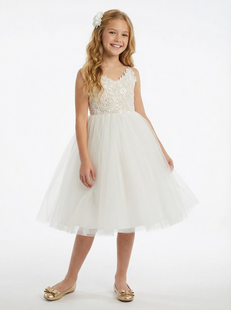 Spaghetti Strap Lace Tulle Flower Girl Dress Floral Embroidery Sleeveless Elegant Cute Flower Tulle Dress for Kids