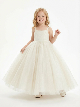 Spaghetti Strap Sequins Tulle Flower Girl Dress Sleeveless Cute Elegant Flower Tulle Dress for Kids