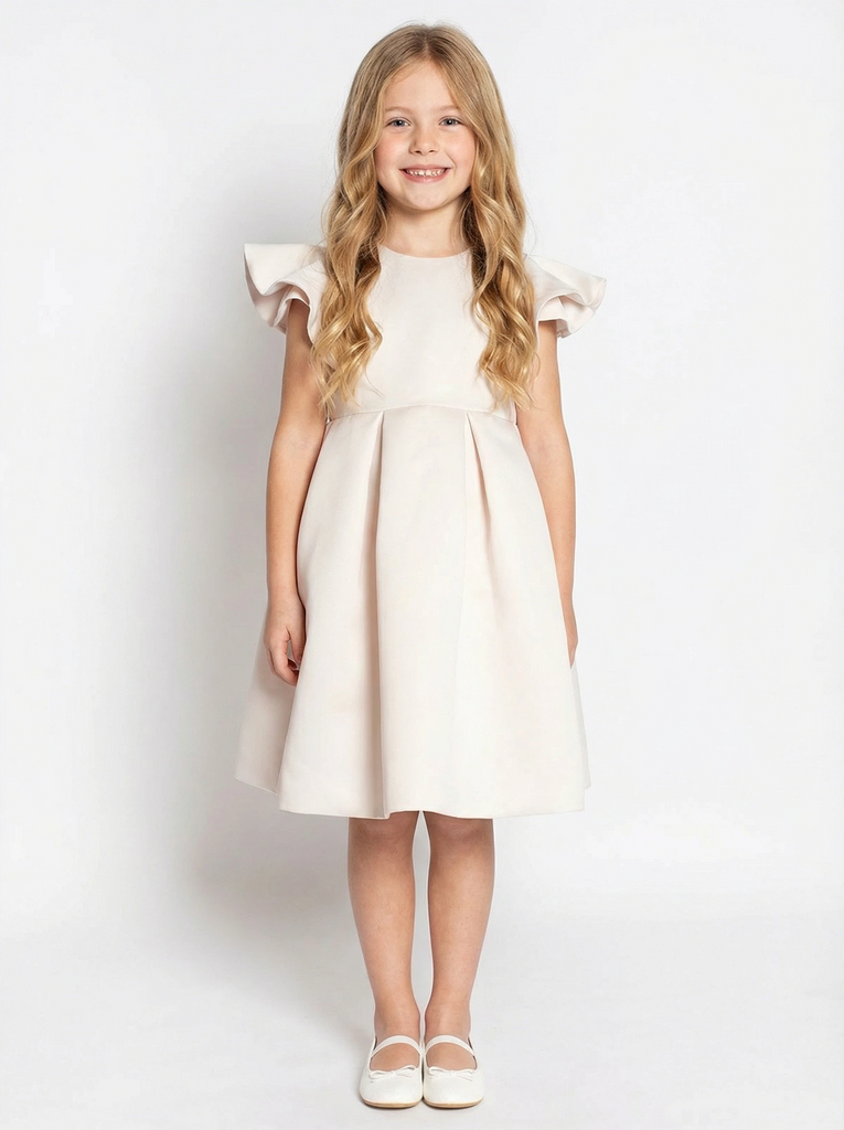 A-Line Round Neck Satin Flower Girl Dress Ruffle Short Sleeve Cute Elegant Flowery Dress for Kids- ChicSew, White