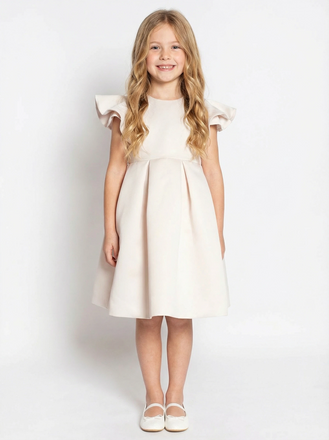 A-Line Round Neck Satin Flower Girl Dress Ruffle Short Sleeve Cute Elegant Flowery Dress for Kids