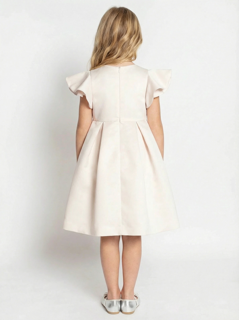 A-Line Round Neck Satin Flower Girl Dress Ruffle Short Sleeve Cute Elegant Flowery Dress for Kids