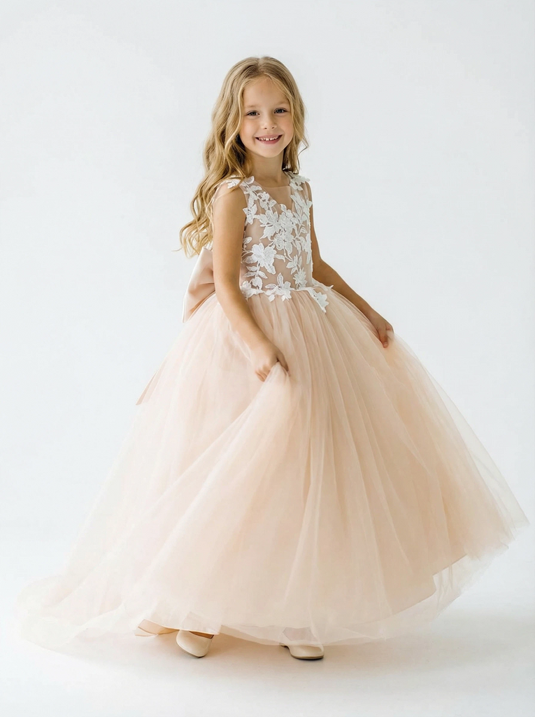 Lace Tulle Flower Girl Dress Floral Embroidery Open Back Bow Accent Cute Elegant Dress