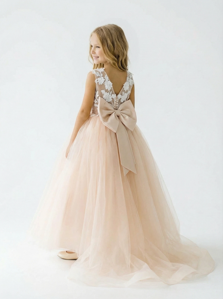 Lace Tulle Flower Girl Dress Floral Embroidery Open Back Bow Accent Cute Elegant Dress