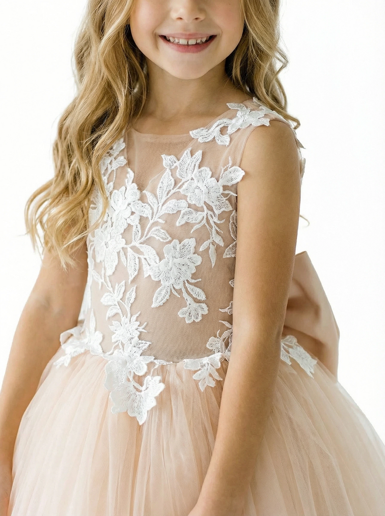 Lace Tulle Flower Girl Dress Floral Embroidery Open Back Bow Accent Cute Elegant Dress