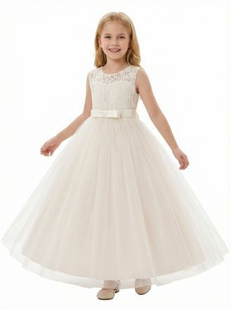 Round Neck Sleeveless A-Line Gown Delicate Lace Top & Tulle Skirt with Bow Belt for Special Occasions