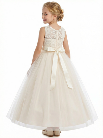 Round Neck Sleeveless A-Line Gown Delicate Lace Top & Tulle Skirt with Bow Belt for Special Occasions