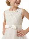 Round Neck Sleeveless A-Line Gown Delicate Lace Top & Tulle Skirt with Bow Belt for Special Occasions
