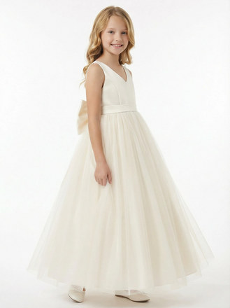 Cute Flower Girl Dress V-Neck A-Line Tulle Sleeveless Flowy Formal Event Gown
