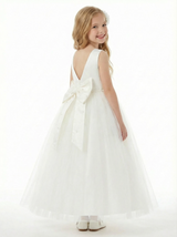 Cute Flower Girl Dress Round Neck Pearl A-Line Tulle Sleeveless Back Bow Formal Event Gown