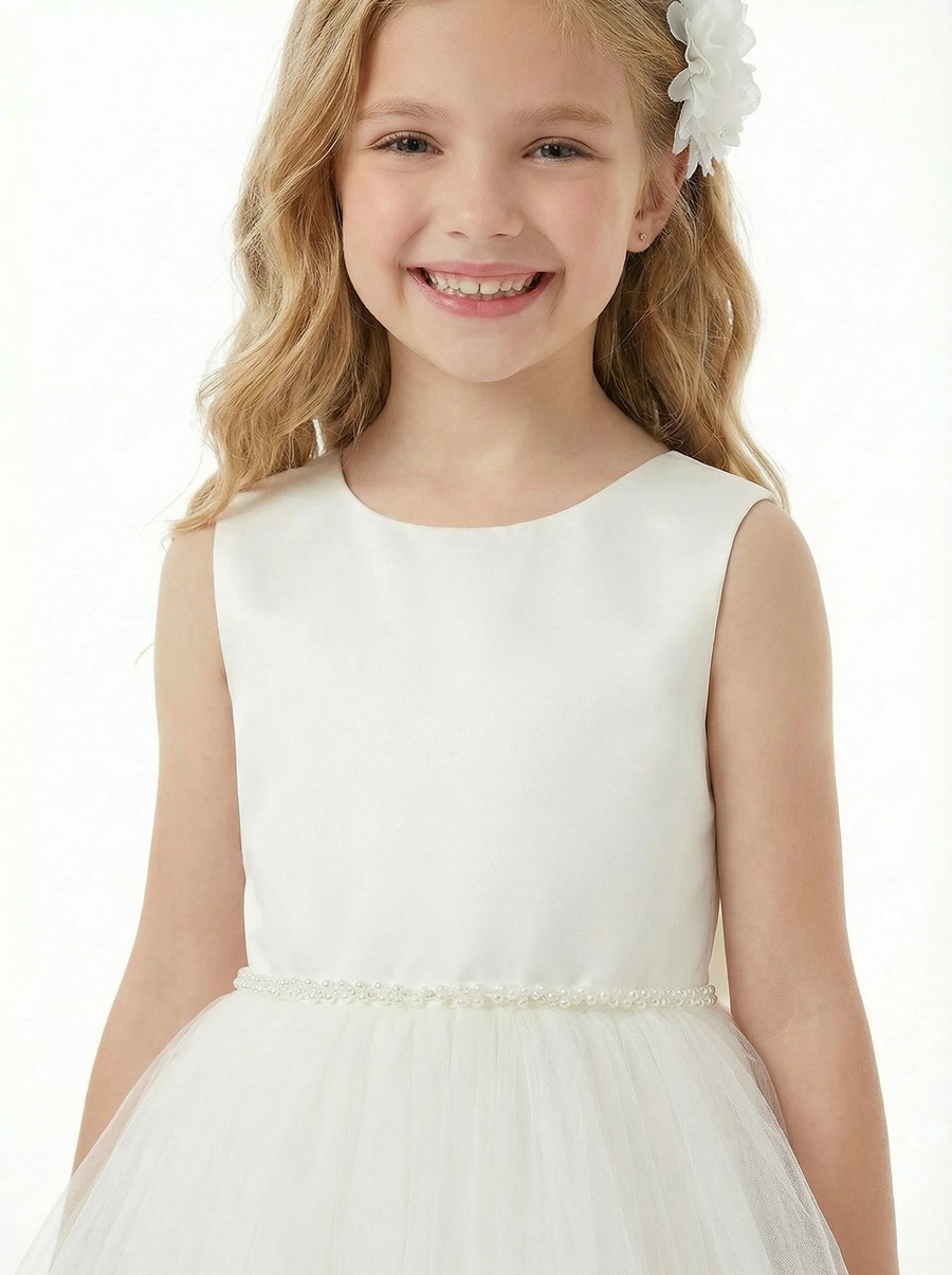 Cute Flower Girl Dress Round Neck Pearl A-Line Tulle Sleeveless Back Bow Formal Event Gown