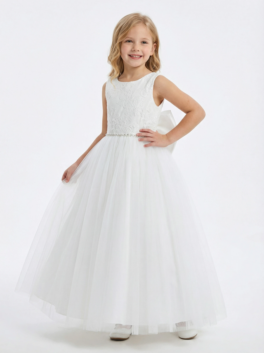 Round Neck A-Line Lace Tulle Sleeveless Back Bow Formal Gown Cute Flower Girl Dress