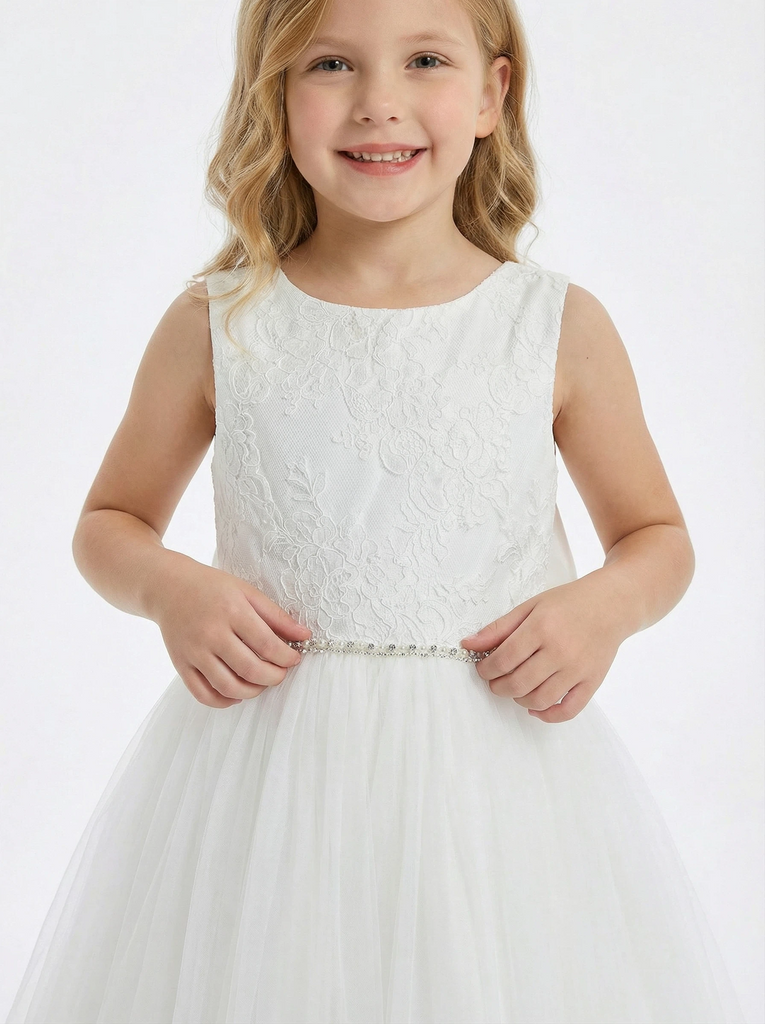 Round Neck A-Line Lace Tulle Sleeveless Back Bow Formal Gown Cute Flower Girl Dress