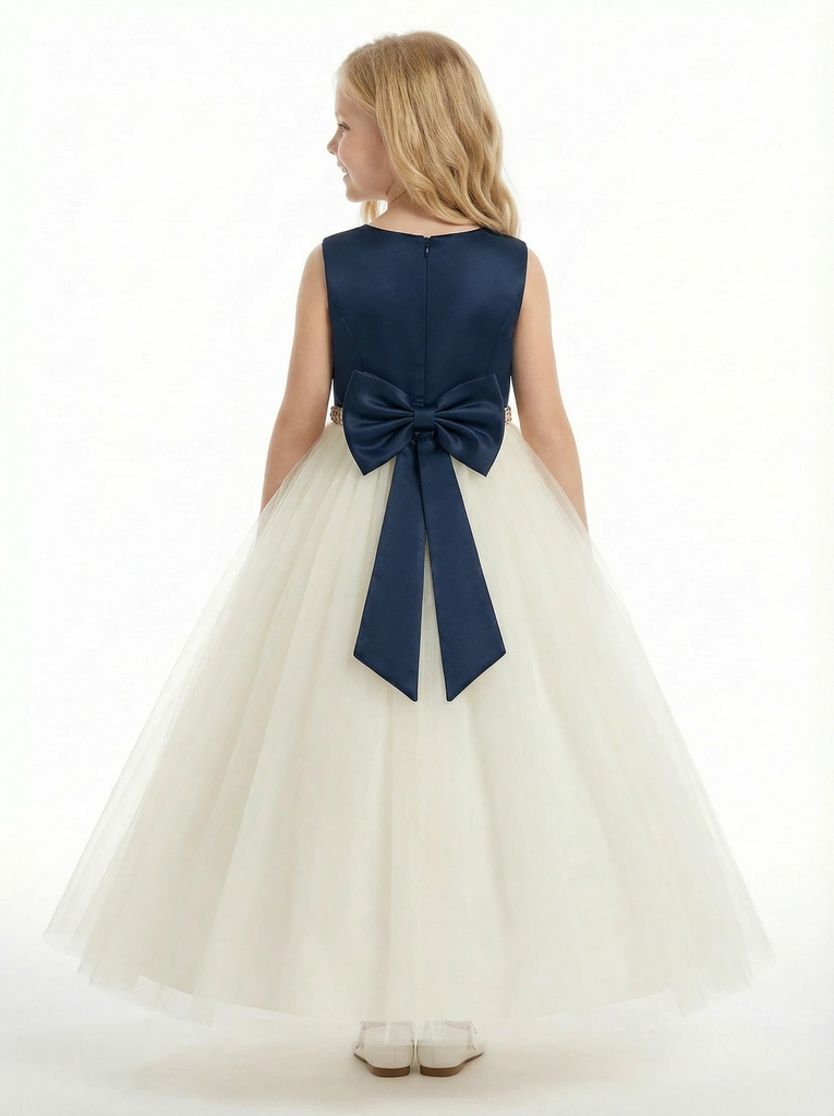 Round Neck A-Line Tulle Sleeveless Back Bow Beaded Formal Gown Flower Girl Dress