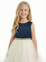 Round Neck A-Line Tulle Sleeveless Back Bow Beaded Formal Gown Flower Girl Dress