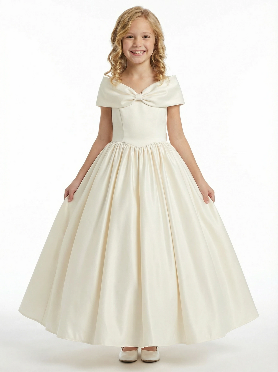 Elegant Flower Girl Dress Off-the-Shoulder Short Sleeve A-Line Floor-Length Satin Gown with Bow Accent