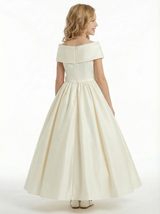 Elegant Flower Girl Dress Off-the-Shoulder Short Sleeve A-Line Floor-Length Satin Gown with Bow Accent