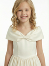 Elegant Flower Girl Dress Off-the-Shoulder Short Sleeve A-Line Floor-Length Satin Gown with Bow Accent