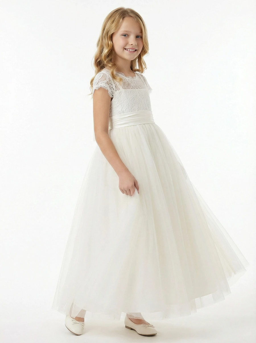 Charming Flower Girl Gown Scoop Back Short Lace Sleeve A-Line Floor-Length Tulle Dress with Satin Bow Accent