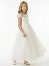 Charming Flower Girl Gown Scoop Back Short Lace Sleeve A-Line Floor-Length Tulle Dress with Satin Bow Accent