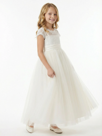 Charming Flower Girl Gown Scoop Back Short Lace Sleeve A-Line Floor-Length Tulle Dress with Satin Bow Accent