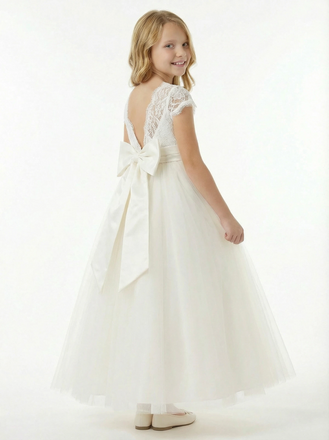 Charming Flower Girl Gown Scoop Back Short Lace Sleeve A-Line Floor-Length Tulle Dress with Satin Bow Accent
