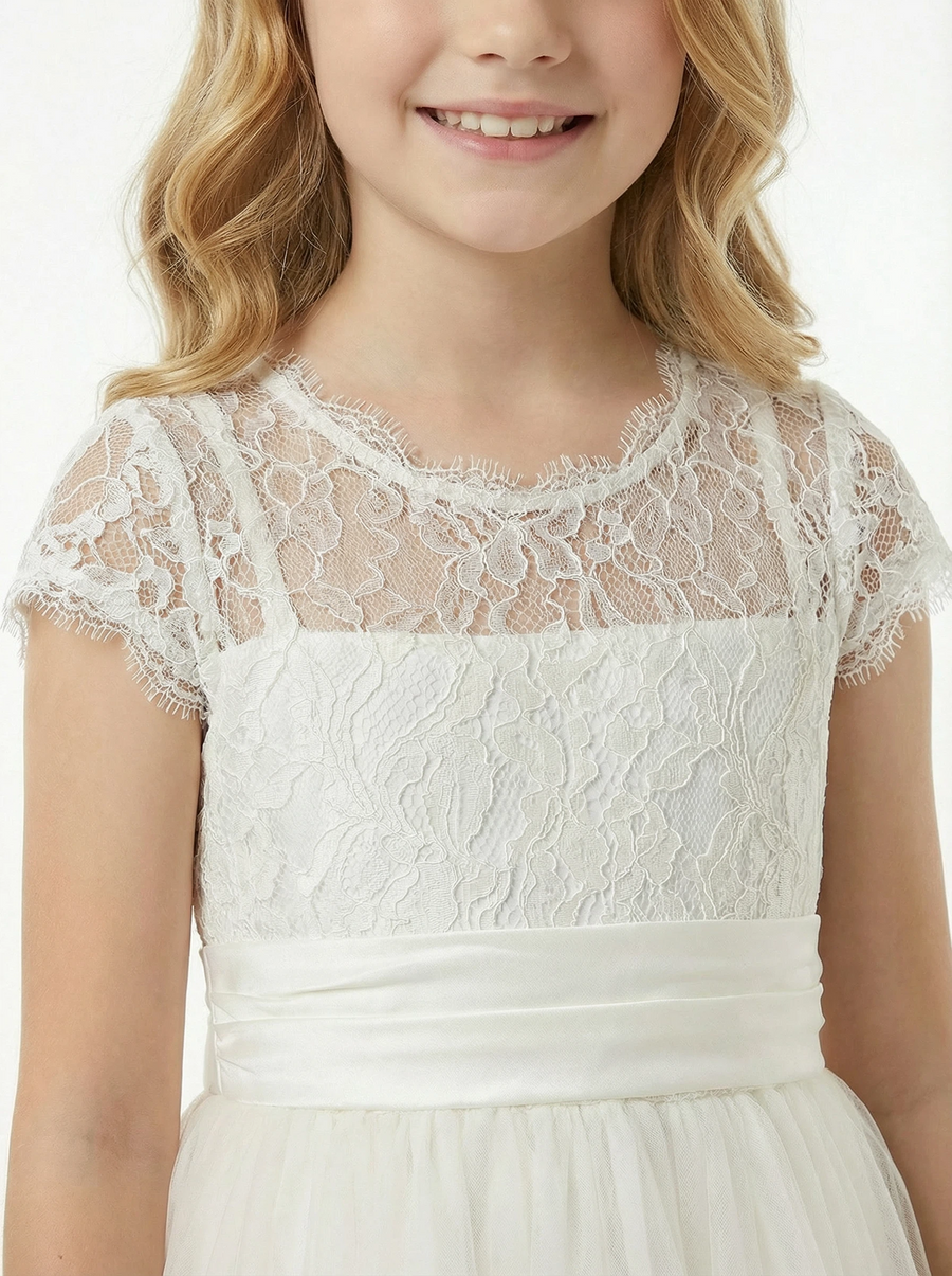 Charming Flower Girl Gown Scoop Back Short Lace Sleeve A-Line Floor-Length Tulle Dress with Satin Bow Accent