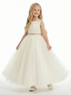 Charming Flower Girl Gown Round Back Sleeveless A-Line Floor-Length Tulle Dress with Satin Bow & Beaded Waist Trim