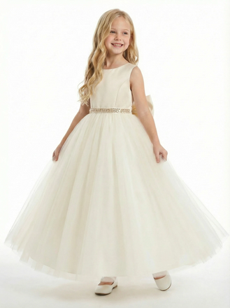 Charming Flower Girl Gown Round Back Sleeveless A-Line Floor-Length Tulle Dress with Satin Bow & Beaded Waist Trim