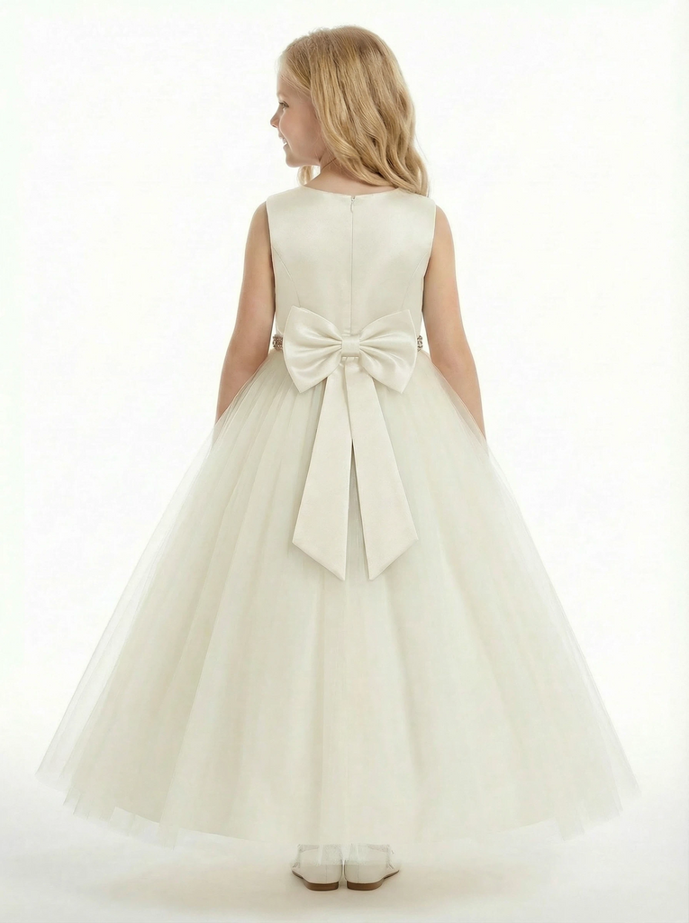 Charming Flower Girl Gown Round Back Sleeveless A-Line Floor-Length Tulle Dress with Satin Bow & Beaded Waist Trim
