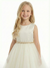 Charming Flower Girl Gown Round Back Sleeveless A-Line Floor-Length Tulle Dress with Satin Bow & Beaded Waist Trim