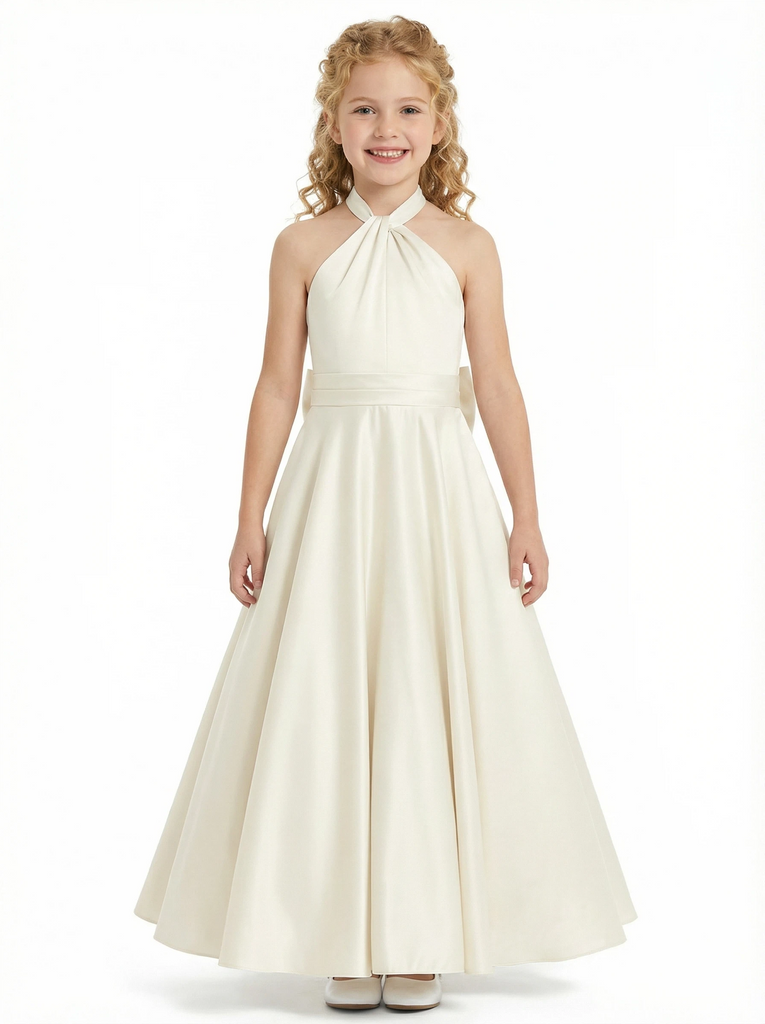 Gorgeous Flower Girl Gown Halter Neck Sleeveless A-Line Floor-Length Satin Dress with Oversized Back Bow Accent
