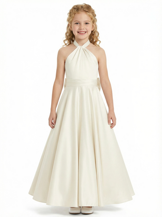 Gorgeous Flower Girl Gown Halter Neck Sleeveless A-Line Floor-Length Satin Dress with Oversized Back Bow Accent