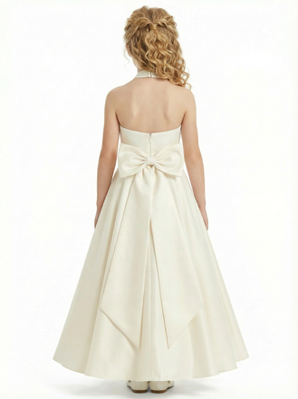 Gorgeous Flower Girl Gown Halter Neck Sleeveless A-Line Floor-Length Satin Dress with Oversized Back Bow Accent