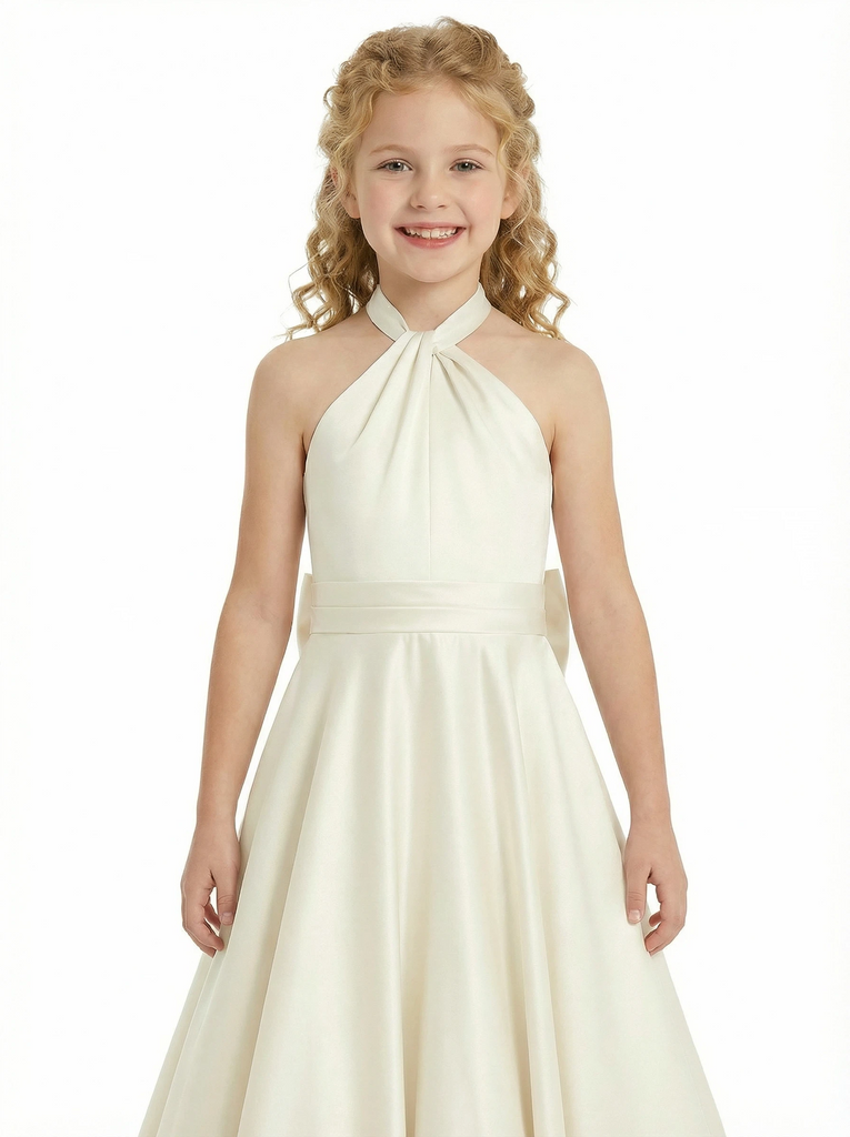 Gorgeous Flower Girl Gown Halter Neck Sleeveless A-Line Floor-Length Satin Dress with Oversized Back Bow Accent