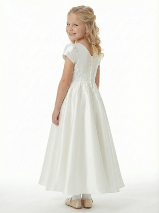 Elegant Flower Girl Dress Round Neck Puff Short Sleeve A-Line Satin Gown with Floral Embroidery