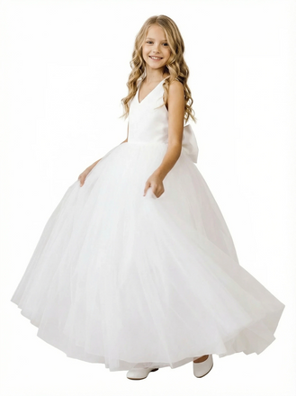Gorgeous Flower Girl Dress V-Neck Sleeveless Ballgown Floor-Length Tulle & Satin Gown with Waist Bow Accent